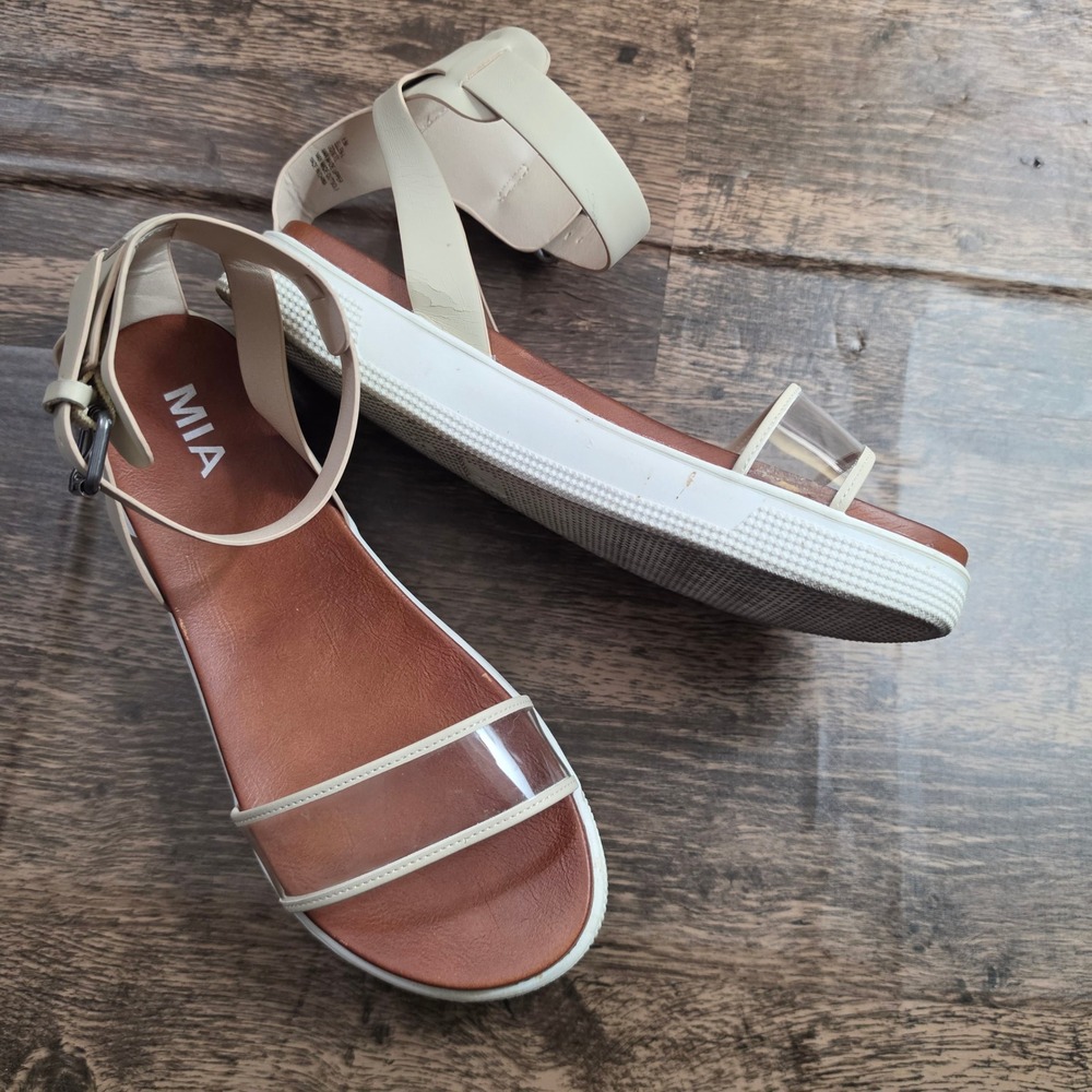 MIA Elena Sandals Womens 8.5 Cream Flatform Clear Strap Ankle Buckle 3G1637L